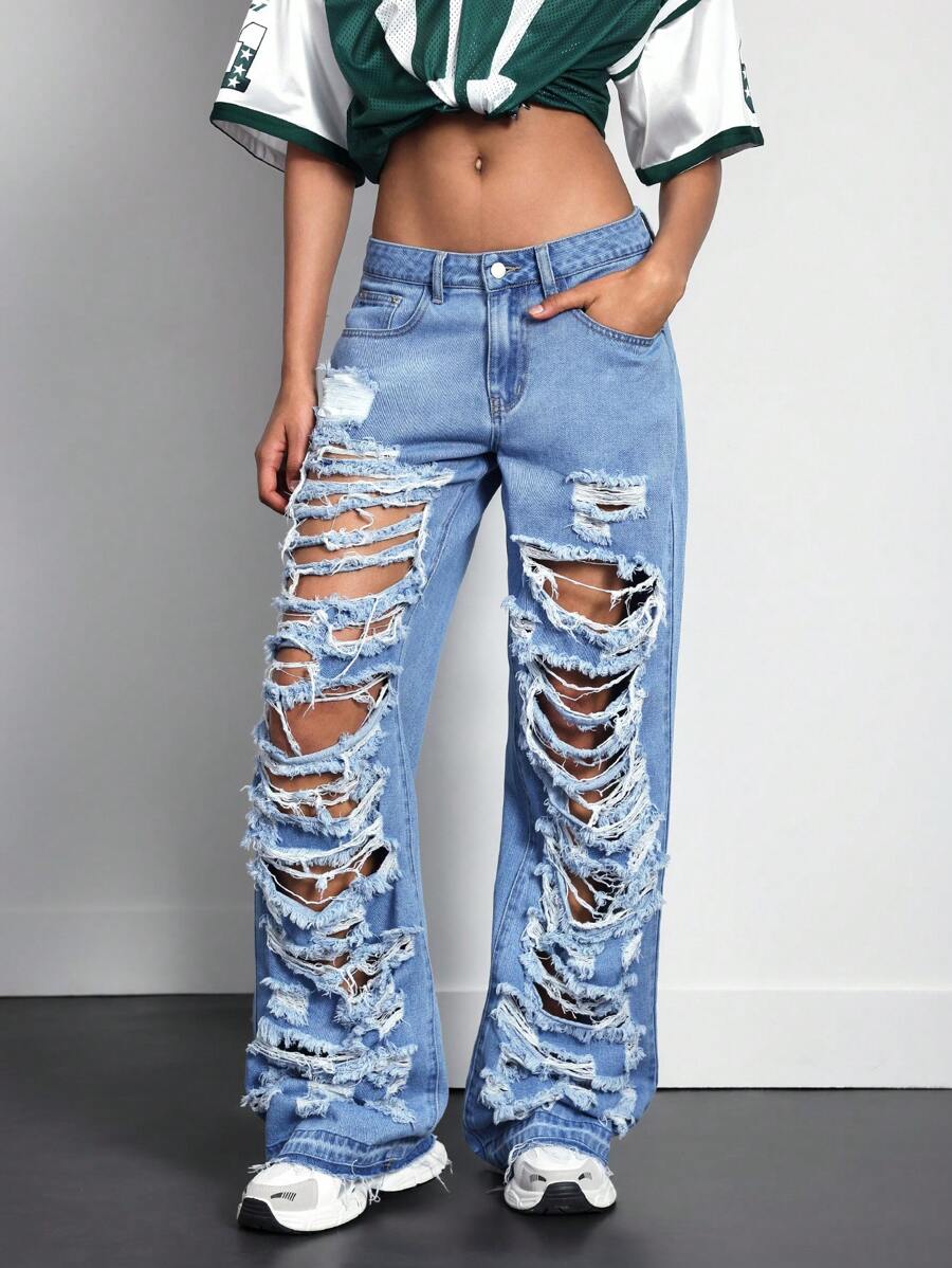 Women's Distressed Ripped Long Denim Jeans Low Rise Straight Leg Jeans - Medium Wash - View 1
