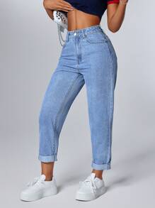 SHEIN PETITE High Waist Roll Hem Cropped Jeans - Medium Wash - View 5