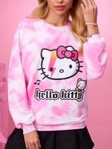 HELLO KITTY AND FRIENDS | SHEIN Women's Y2K Casual Tie Dye Cartoon & Letter Print Cute Crew Neck Oversized Sweatshirt Pink Graphic Pink Sweatshirt Fall Women Clothes