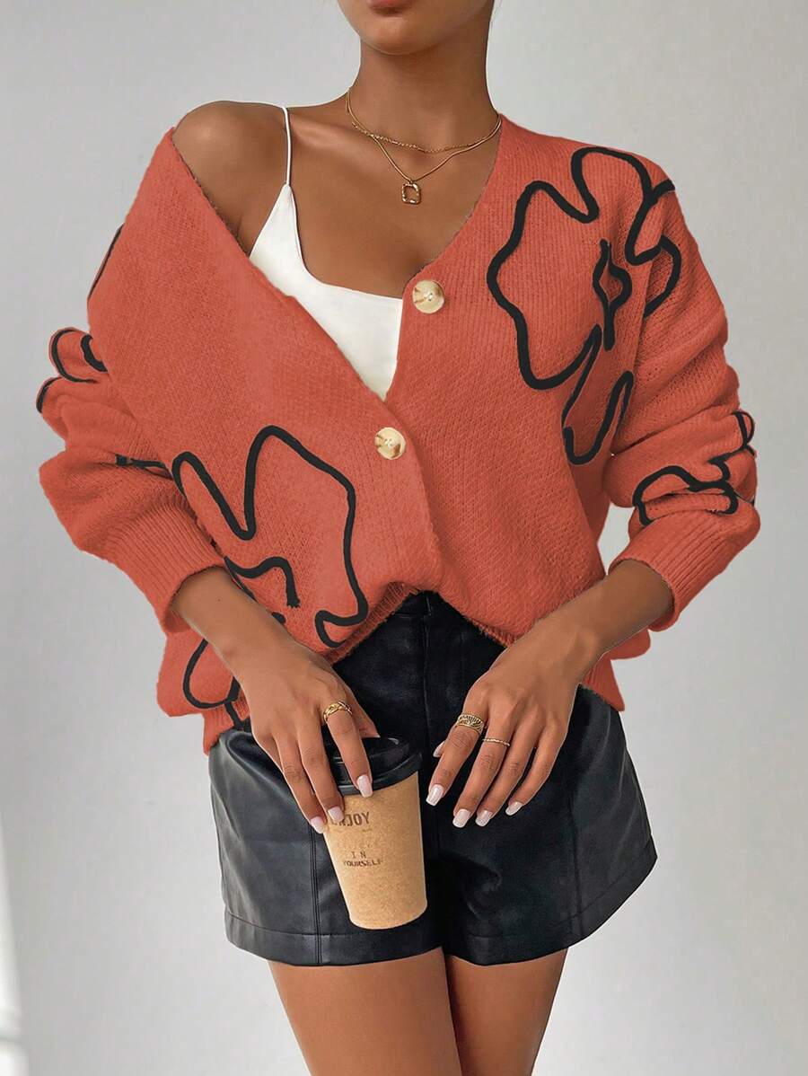 Chiquease Cardigan Kasual Wanita Motif Bunga, Lengan Panjang, Model Bahu Longgar, Kancing Tunggal, Pakaian Musim Gugur & Musim Dingin untuk Wanita - Jeruk - View 1