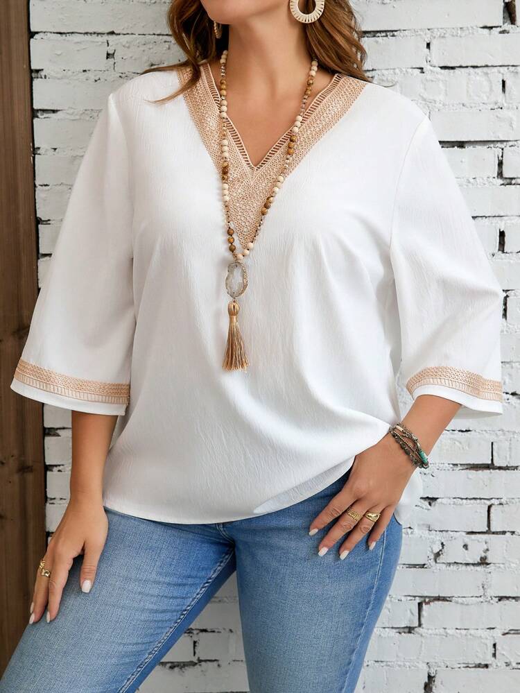Plus Size Women's Crochet V-Neck White Blouse,Fall Women Shirts,White Collar Shirt,Spring/Summer/Vacation