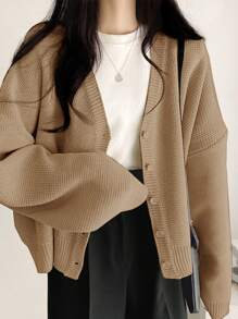 DAZY Áo khoác cardigan dáng rộng, thường ngày, trễ vai, tay dài, màu trơn, thu đông cho nữ - Rượu sâm banh - Xem 3