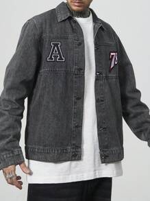 Manfinity Homme Chaqueta vaquera casual con cuello de solapa, botones delanteros, manga larga y estampado de letras para hombres