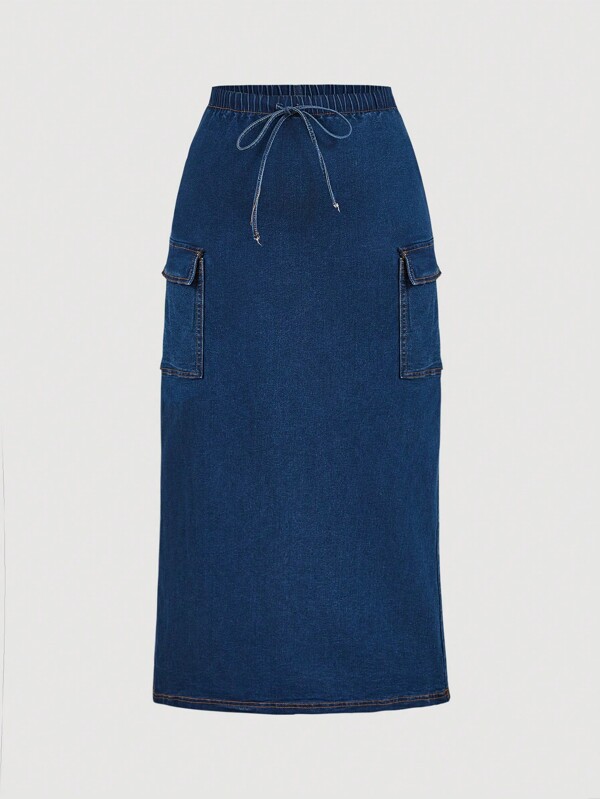 SHEIN MOD Plus Size Casual Denim Maxi Skirt, Long Blue Stretch
