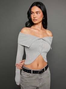 WESTFADE Cardigan tricoté côtelé avec épaules dénudées - Gris - Voir 6