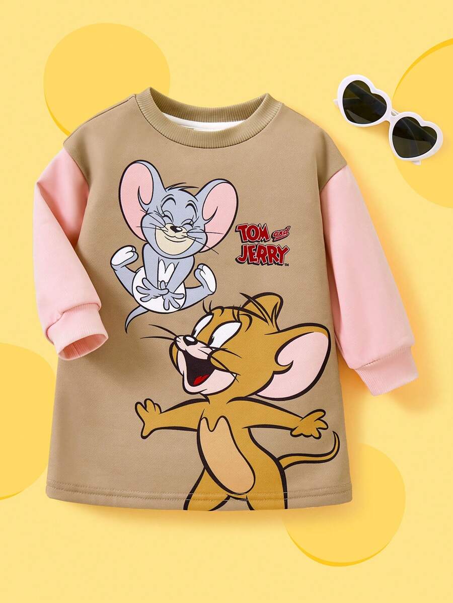 TOM & JERRY X SHEIN Robe longue manches confortable et décontractée à imprimé souris de dessin animé pour bébé fille avec couleur contrastée