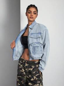 SHEIN ICON Chaqueta vaquera de manga larga de unicolor simple para uso diario de mujer - Lavado ligero - Ver 6