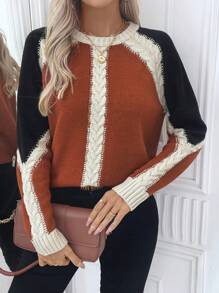 Women's Contrast Color Round Neck Raglan Sleeve Loose Casual Sweater, Autumn/Winter - Multicolor - View 6