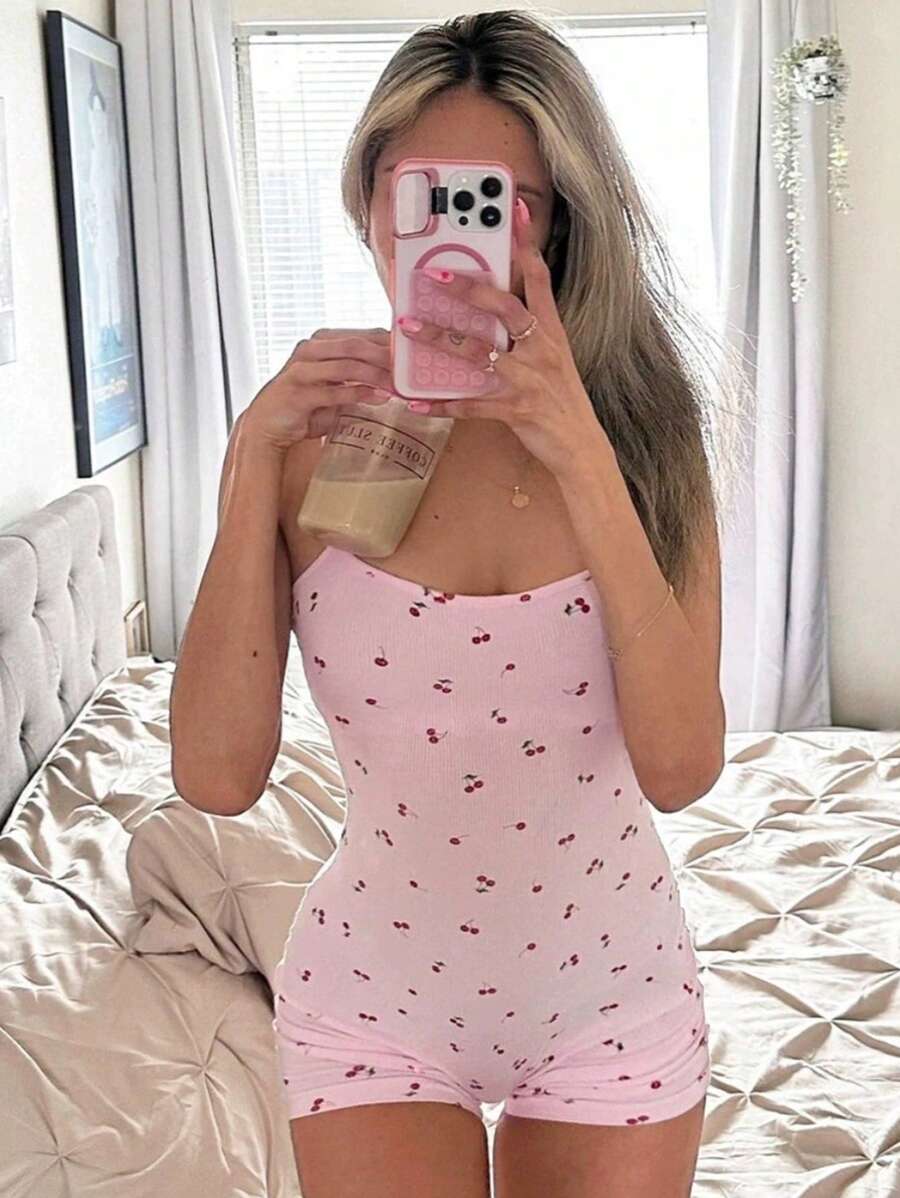 INAWLY Women's Summer Cherry Print Bodycon Casual Jumpsuit - Pink - View 1