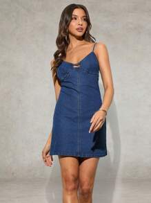 Forever 21 Women's Solid Color Spaghetti Strap Denim Dress - Blue - View 4