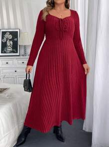 Calvaya Plus Size Solid Color Long Sleeve Dress, Spring & Autumn For New Year Clothes Maxi Women Outfit - Red - View 8