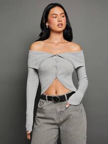WESTFADE Cardigan tricoté côtelé avec épaules dénudées - Gris - Voir 8