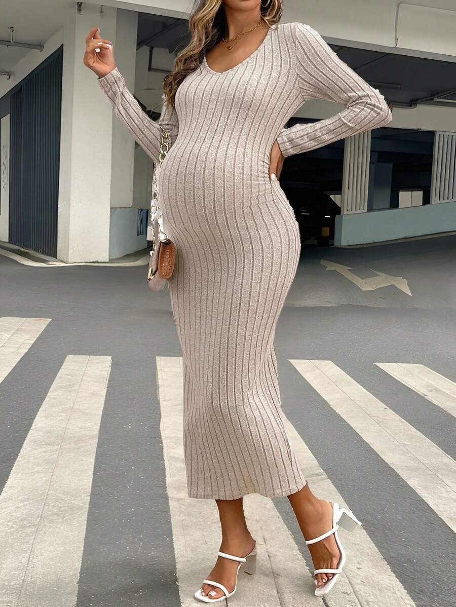 SHEIN Vestido de punto Body con nervios de unicolor casual para maternidad, de manga larga para primavera y otoño - Caqui - Ver 1