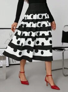 SHEIN Clasi Gonna a ruota elegante a pois bianca e nera per donne - Bianco e nero - Visualizzare 5