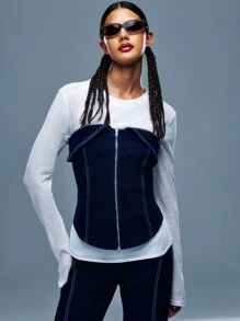 SHEIN Unity 牛仔拉链前折叠无肩带上衣 - 寶藍色 - 查看 3