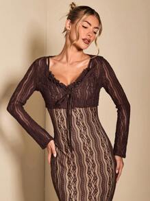 SHEIN BAE Lace Contrast Sexy Sheer Camisole Cardigan For Ladies,Summer - Coffee Brown - View 7