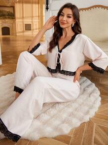Women Lace Trim V-Neck Dolman Sleeve Top And Pants Pajama Set
