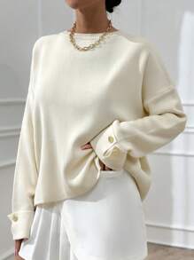 EURMUSE Woman Double Sleeve Button Detailed Oversize Thick Winter Sweater Warm Touch - Beige - View 6