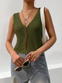 EgrlEra Women's Solid Color Casual Sleeveless Open Front Knit Top, Summer - Army Green - View 6