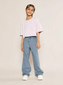 SUMWON Tween Girls Loose Fit Denim Jean With Raw Edge Applique Design