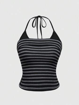 Grunge Punk Striped 2 In 1 Halter Top, Summer, School