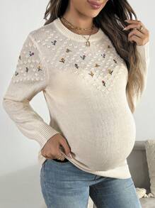 SHEIN Maternity Casual Floral Embroidered Knit Sweater, Spring/Fall, For Winter - Beige - View 4
