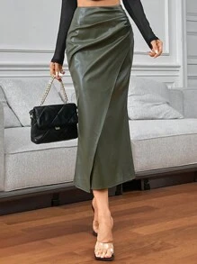 SHEIN Privé Women's Elegant Olive Green PU Fishtail Long Skirt,Autumn Pleated Tight Skirt For Office,Business Casual Fashion Commuting Versatile Fall Clothing - Green - View 9