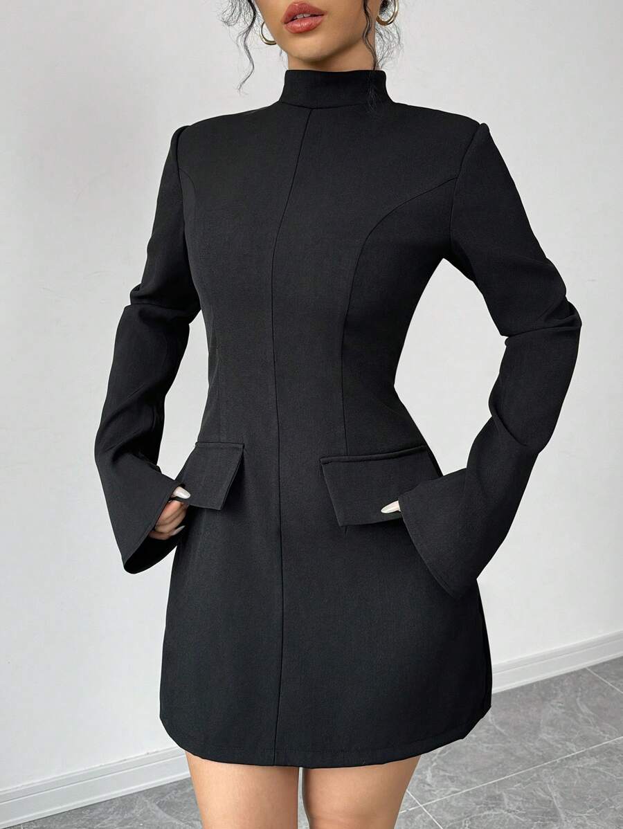 Selianne Damen Kleid mit stehendem Kragen, Langarm, falsche Tasche, schlicht, kurz, elegant - Schwarz - Übersicht 1