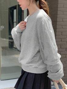DAZY Women's Sequin Mesh Splice Round Neck Loose Sweatshirt,Fall Clothes - Grey - View 7