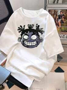 SHEIN Explorewe Tween Girl Dark Fashion Portrait Print Casual T-Shirt - White - View 3