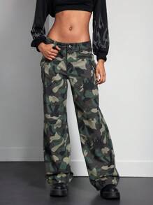 Front Button Pocket Camo Print Casual Denim Jeans Fall Women Clothes - Multicolor - View 2