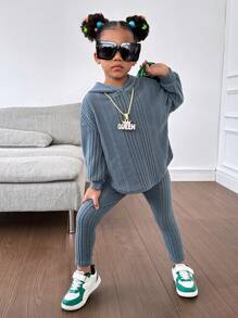 SHEIN Leap Crew 女小童落肩袖連帽T恤和緊身褲 - 藍色 - 查看 1