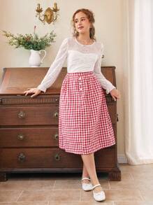 2pcs/Set Teen Girls Elegant Long Sleeve Lace Top & Plaid Skirt, Spring/Autumn - Multicolor - View 5