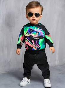 Bộ áo nỉ và quần thể thao cổ tròn in hình khủng long phát sáng trong bóng tối cho bé trai, trang phục dạo phố thời trang, thích hợp cho mùa thu/đông, hoàn hảo để chụp ảnh và tụ tập - Nhiều màu - Xem 1