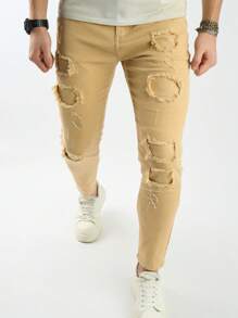 Manfinity Roughcore Men's Solid Color Pocket Design Distressed Hem Casual Denim Jeans - Khaki - View 6
