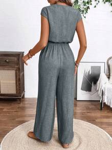 EMERY ROSE Bộ đồ liền thân rộng cổ chữ V màu trơn dành cho nữ, mùa hè - Màu Xám nhạt - Xem 2