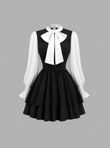 Sweetra Women's Elegant Tie Collar Long Sleeve Short Dress, Spring/Summer Fall Cloth For Women - Black and White - View 1