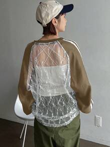 FRIFUL Women's Solid Color Patchwork Long Sleeve Striped Sheer Blouse, Casual Vacation