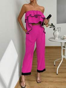 Chiquease 2 件套女士拼色荷叶边抹胸上衣和裤子套装 - 玫紅色 - 查看 1