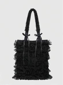 ROMWE Kawaii 復古風格女士假日網眼手提袋，褶邊邊緣和大蝴蝶結裝飾