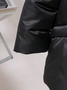 SHEIN 女童简约纯色连帽外套，保暖防风冬季外套 - 黑色 - 查看 4