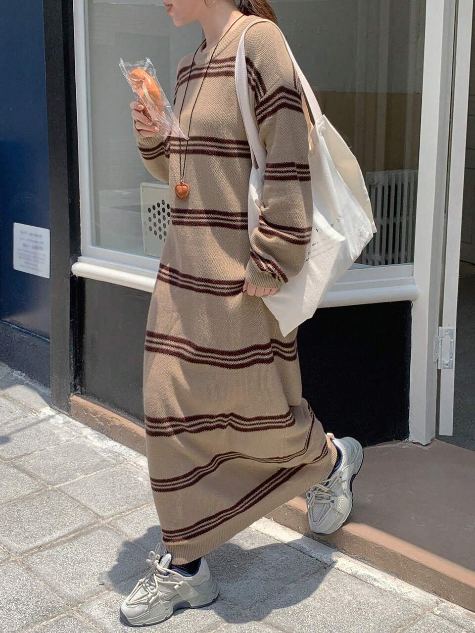 Women Crew Neck Striped Print Casual Long Sleeve Sweater Dress Fall,Winter