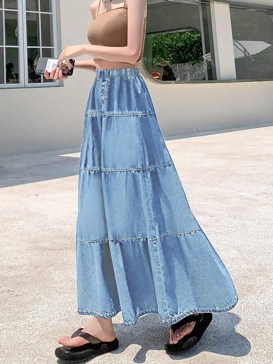 Women's Denim Skirt With Pleats And Ruched Hem SHEIN South Africa
