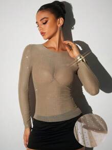 Aloruh Camiseta de mujer de cuello redondo, de manga larga, ajustada y sexy con malla de strass, camiseta ajustada