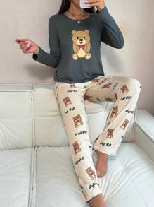 可爱熊印花女士长袖睡衣套装 - 灰色 - 查看 1