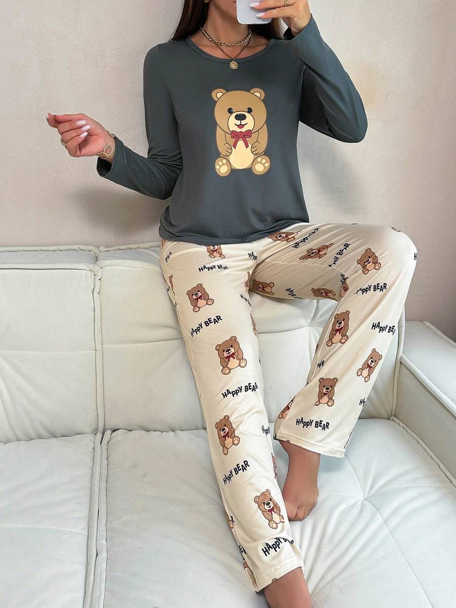 可爱熊印花女士长袖睡衣套装 - 灰色 - 查看 1