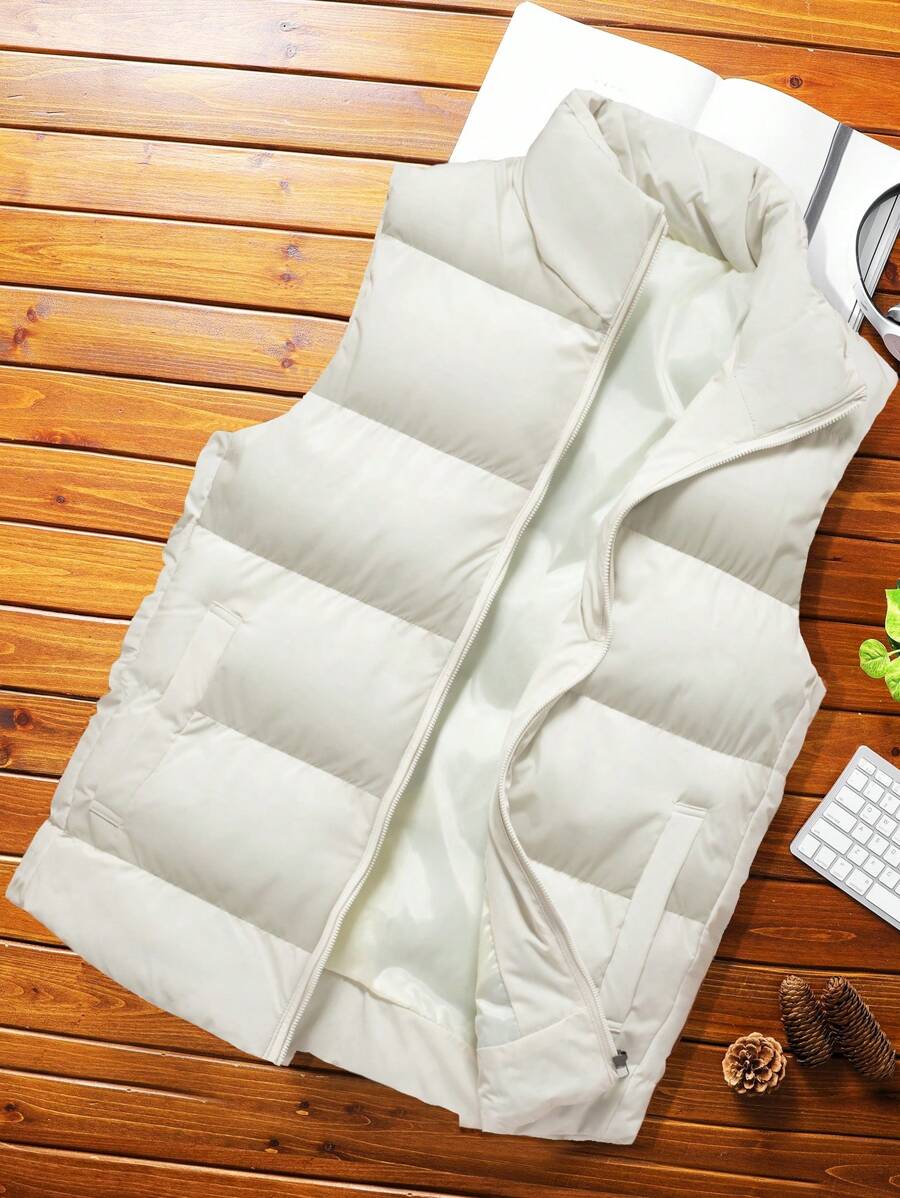 Manfinity Homme Men's Hooded Zipper Quilted Vest - Khaki - View 1