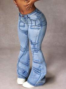 SHEIN ICON Calça Denim Feminina com Babado e Bolsos, Casual e Versátil - Azul - Visão 1