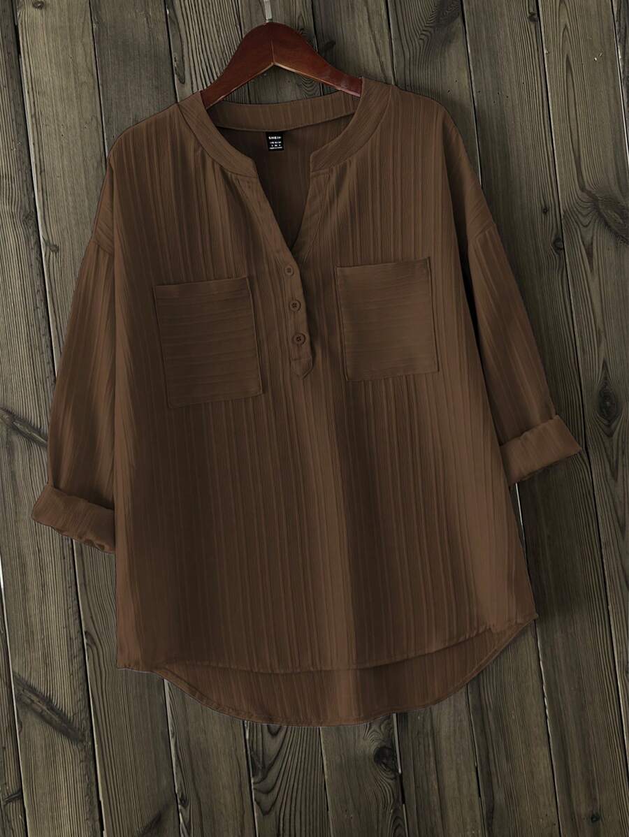 Chiquease Áo sơ mi cổ cao phối màu trơn đơn giản dành cho nữ - Cà phê nâu - Xem 1