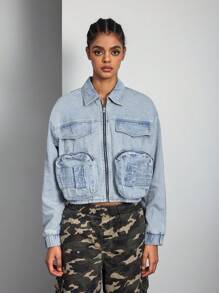 SHEIN ICON Chaqueta vaquera de manga larga de unicolor simple para uso diario de mujer - Lavado ligero - Ver 1